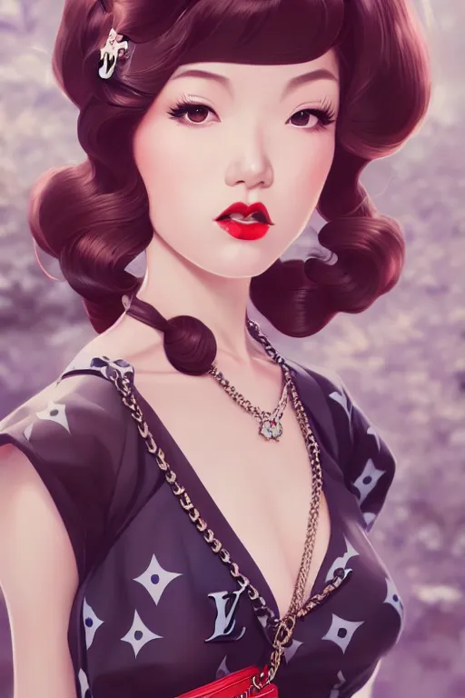 Image similar to a pin up and beautiful fashion dreamlke japan girl with lv jewelry, character art, art by artgerm and wlop and and ilya kuvshinov, hyperdetailed, 8 k realistic, symmetrical, frostbite 3 engine, cryengine, dof, trending on artstation, digital art, chanel, dior, fantasy background