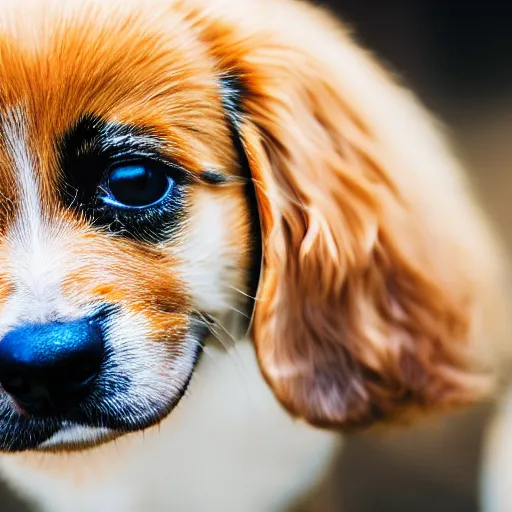 Image similar to macro image of a super cute dog puppy that is eating a cheeseburger