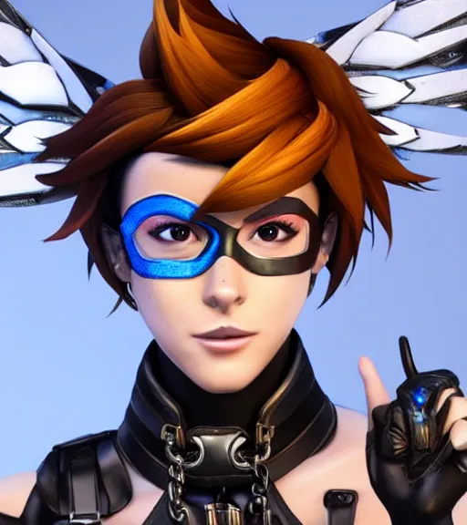 Image similar to portrait bust digital artwork of tracer overwatch, wearing black iridescent rainbow latex, 4 k, expressive happy smug expression, makeup, in style of mark arian, angel wings, wearing detailed black leather collar, chains, black leather harness, detailed face and eyes,
