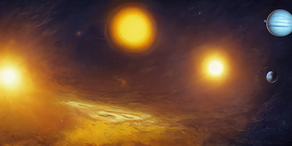 Image similar to a detailed painting of a marble - like water planet with continents orbiting a yellow sun, by petros afshar, marc simonetti, trending on artstation, deviantart, planet, clouds, earth, exoplanet, stars, nubulae hubble, 8 k, 4 k
