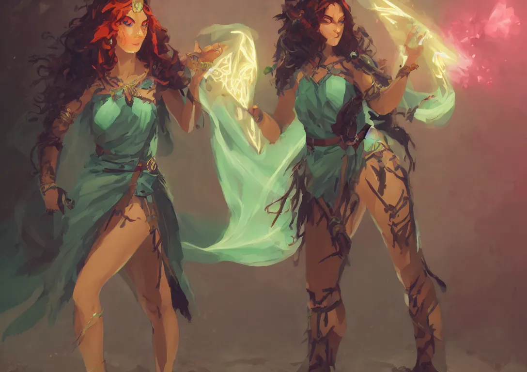 Image similar to half orc half elf woman, ginger extra long hair, holding a glowing diamond, tropical mage dress with high slit, several layers of fabric, character concept art, by ilya kuvshinov, krenz cushart, Greg Rutkowski, trending on pixiv