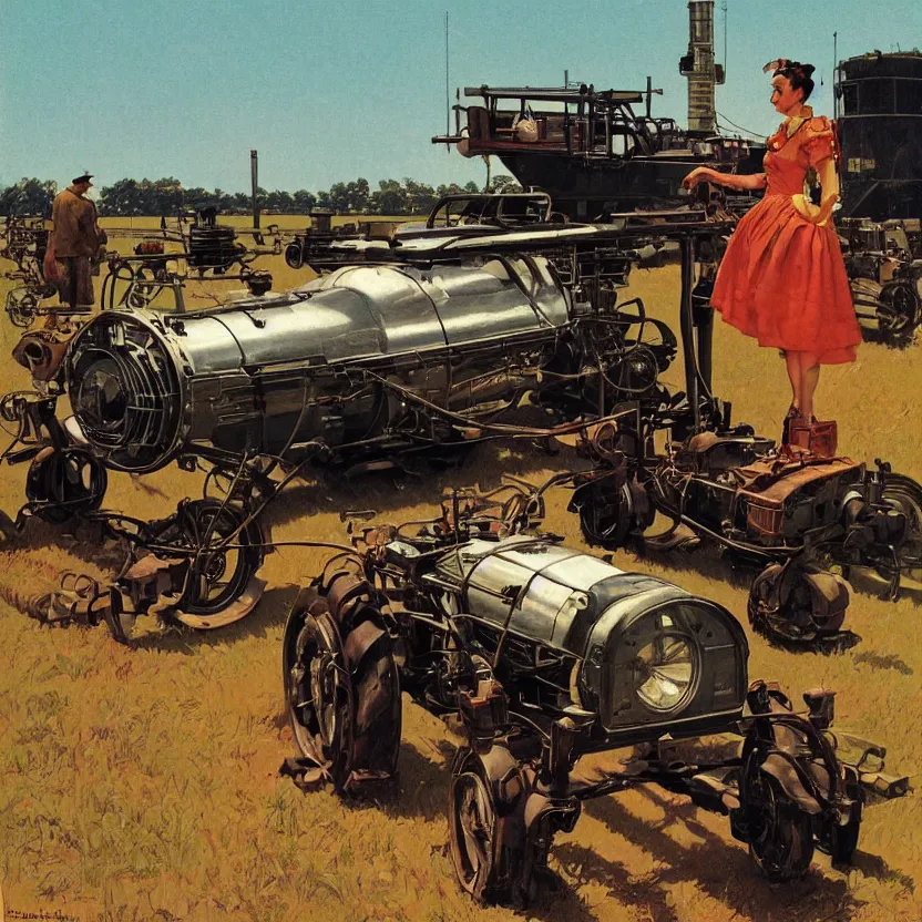 Prompt: a woman driving a flying steampunk retrofuturistic tractor on farm, by syd mead and norman rockwell. highly detailed digital art. retrofuturism. beautiful lighting. trending on artstation.