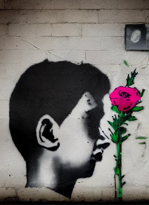 Prompt: a side profile of a single boy holding flowers in the style of Banksy, graffiti, digital art