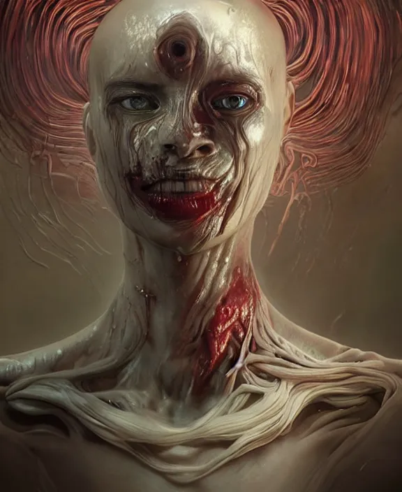 Image similar to portrait of a bloodied intricate geometric slime dripping genderless insect alien monster, muscles, rippling, space warping and twisting, ultra realistic, concept art, intricate details, eerie, highly detailed, photorealistic, octane render, 8 k, unreal engine. art by artgerm and greg rutkowski and alphonse mucha