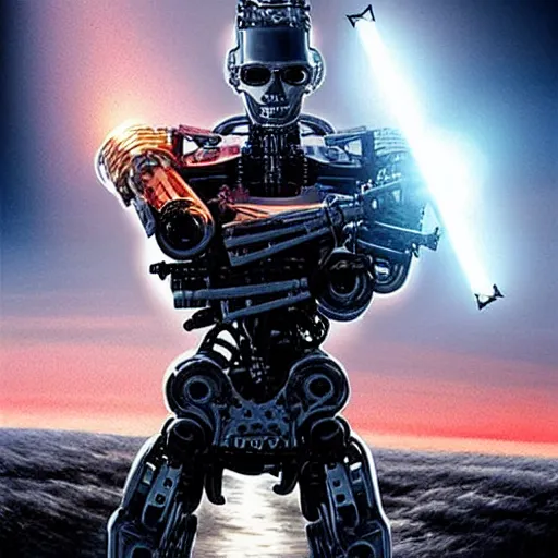 Image similar to a hyperrealistic magnificent robot holding a powerful sword, terminator, Terminator: Dark Fate, most beautiful image ever created, emotionally evocative, greatest art ever made, lifetime achievement magnum opus masterpiece, the most amazing breathtaking image with the deepest message ever painted, a thing of beauty beyond imagination or words
