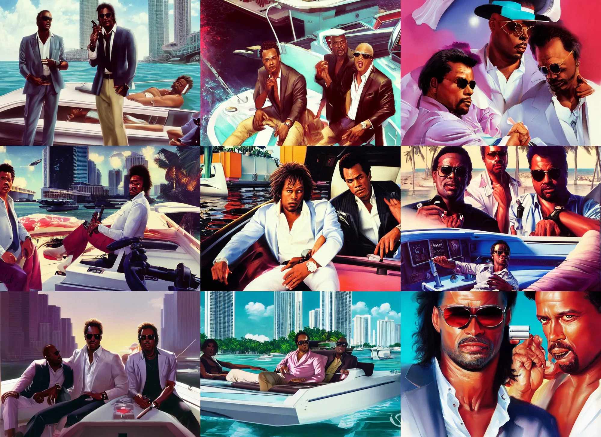 Prompt: a portrait painting of crockett and tubbs in eighties miami vice in a speedboat, ultra realistic, highly detailed faces, true life, 8 k, masterpiece, cinematic, by frank frazetta, greg rutkowski, yoko taro, christian macnevin, beeple, wlop, krenz cushart, epic character art, dramatic lighting