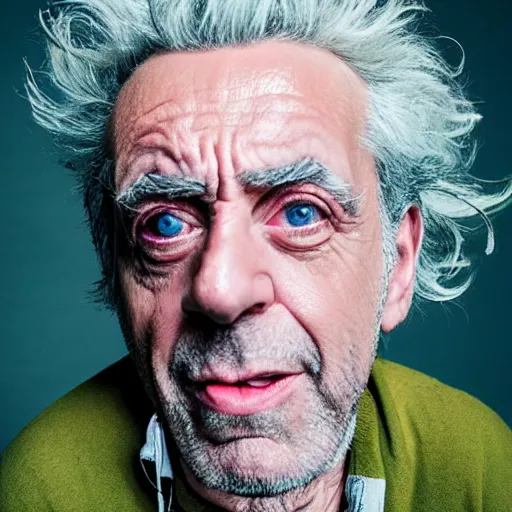 Image similar to Candid portrait photograph of Rick Sanchez from Rick & Morty, taken by Annie Leibovitz