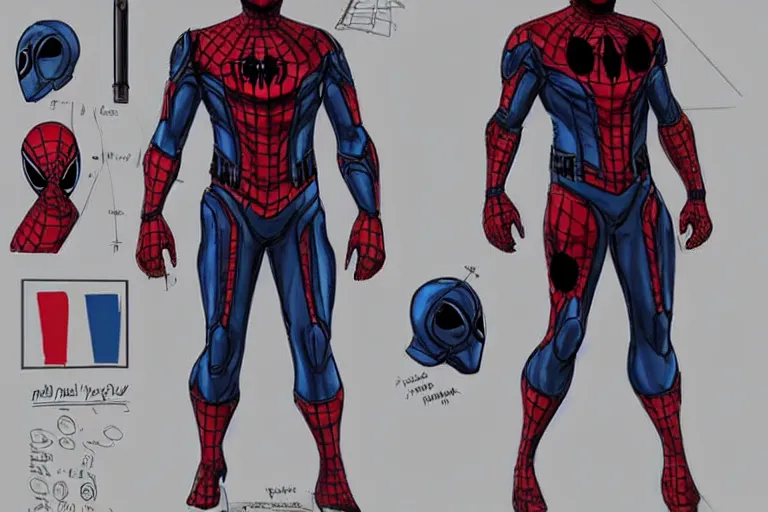 Prompt: concept blueprints for a spiderman venom ironman starlord deadpool suit and helmet