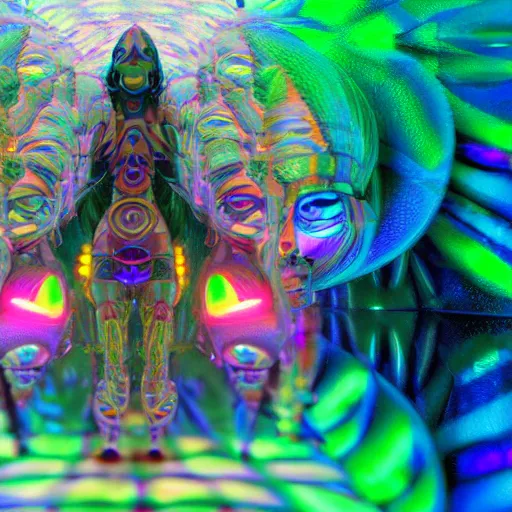 Image similar to DMT, machine elves, 4k, octane render, psychedelic, by Pablo Amaringo