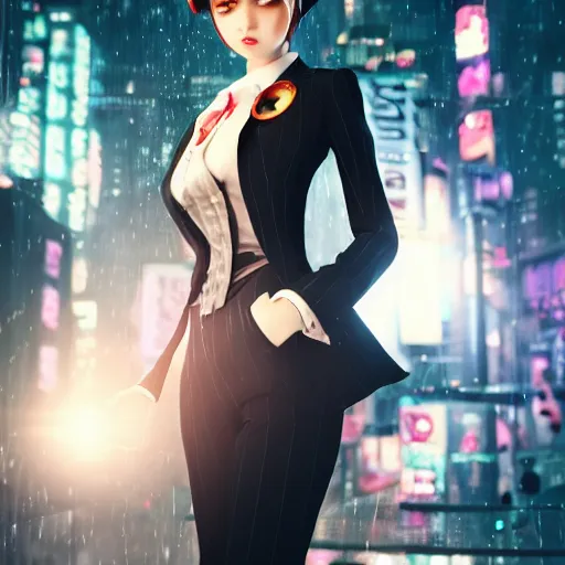 Image similar to beautiful anime woman, pinstripe suit, top hat, cyberpunk background, rendered in octane, unreal engine, raining, highly detailed, trending on artstation