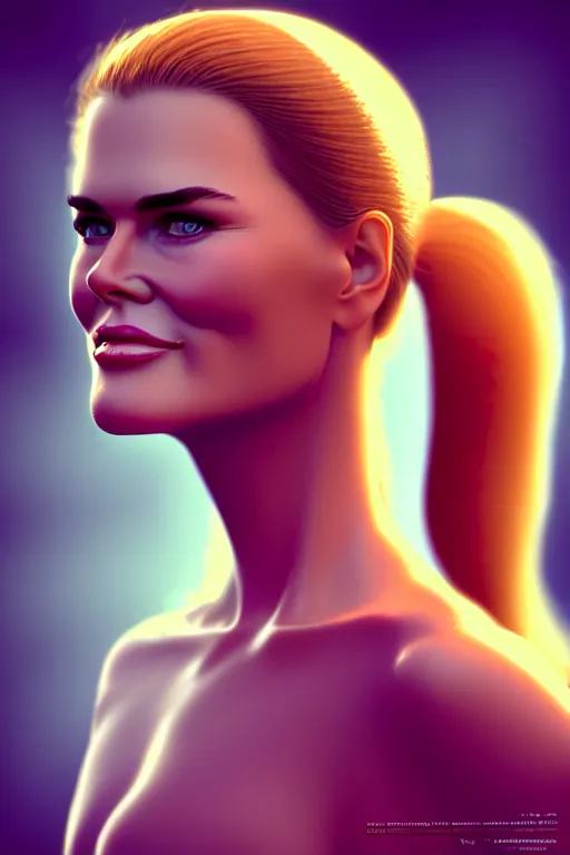 Image similar to mix of beautiful young maria shriver, mariel hemmingway, brooke shields, nicole kidman and elle macpherson as an alien creature, thin lips, hair tied up in a pony tail, dark blonde hair, colorful, artstation, cgsociety