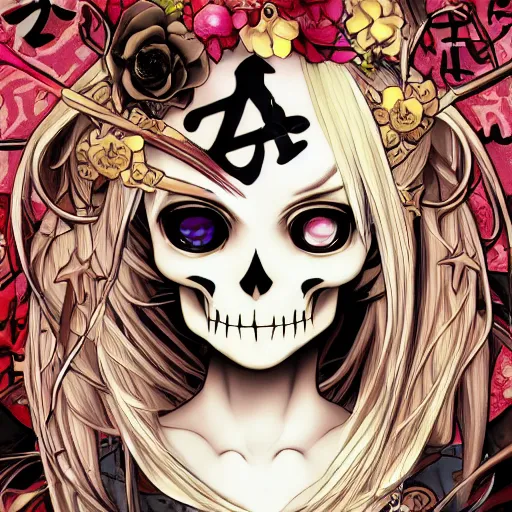 Prompt: anime manga skull portrait girl face pigtails pirate detailed highres 4k Trevor brown Mucha and James Jean pop art nouveau