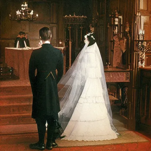Prompt: a wide full shot, colored russian and japanese mix historical fantasy of a photograph taken of the royal wedding officiant addresses the couple, photographic portrait, warm lighting, 1 9 0 7 photo from the official wedding photographer for the royal wedding. ultra realistic, photorealistic, cinema, hyper realistic, depth of field, film still.