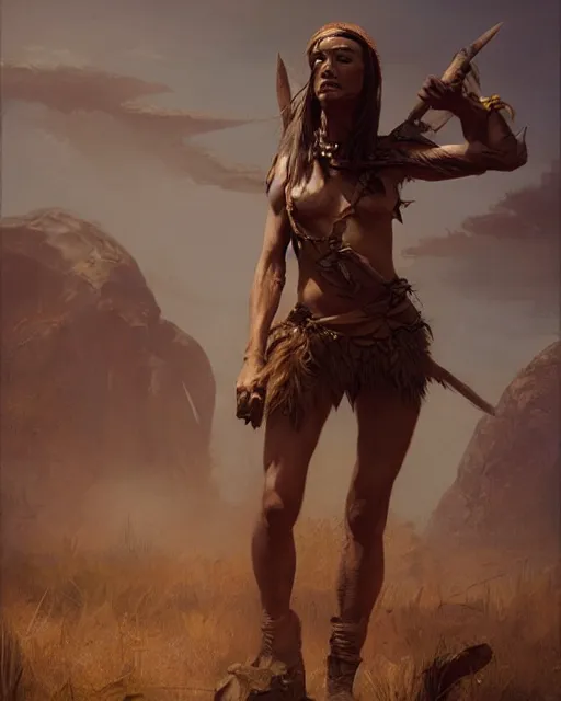 Image similar to hyper realistic photo of prehistoric hunter girl full body, cinematic, artstation, cgsociety, greg rutkowski, james gurney, mignola, craig mullins, jean baptiste monge, brom