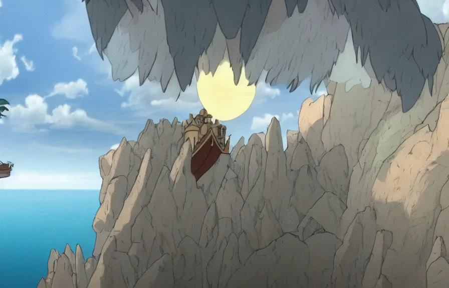 Image similar to a realistic cell - shaded cartoon of a griffon from howl's moving castle ( 2 0 0 4 ). in the background is a white pristine pyramid in the ocean. shafts of sunlight come from above. wide shot, very dull muted colors, hd, 4 k, hq