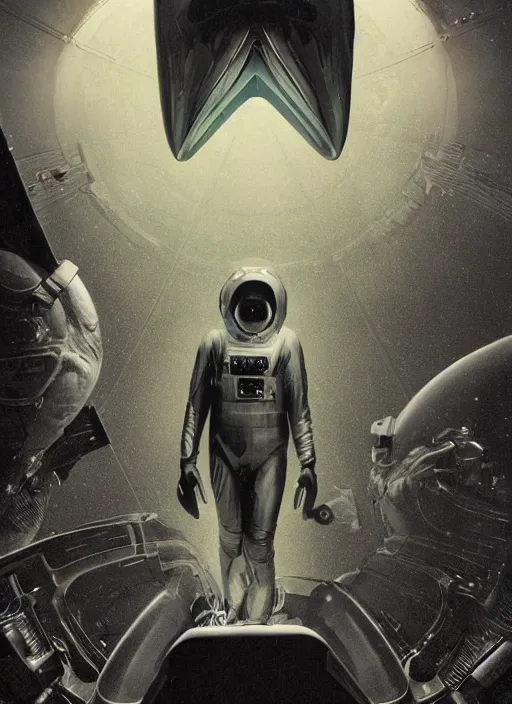 Image similar to astronauts in dark and empty void underwater - complex and hyperdetailed technical suit. reflection and dispersion materials. rays and dispersion of light. volumetric light. 5 0 mm, f / 3 2. noise film photo. flash photography. ultra realistic, wide angle. poster by wayne barlowe, hajime sorayama aaron horkey, craig mullins