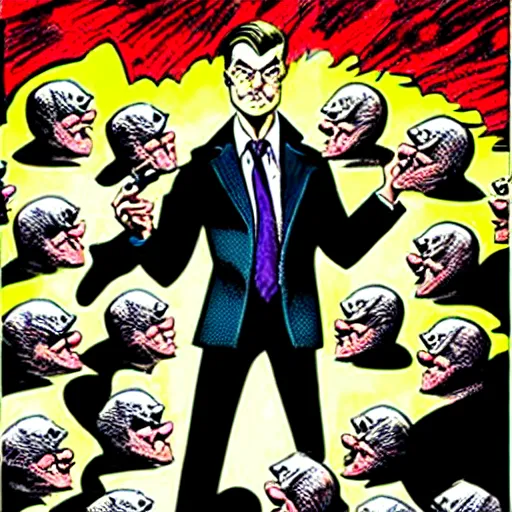 Image similar to drawing of gotham city's finest investigative reporter jack ryder with 1 4 tiny jokers reaching out of his mouth, 4 k art by brian bolland, graphic novel cover art