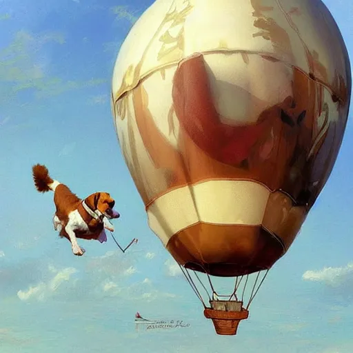 Prompt: a beagle dog flying on a balloon, digital painting, smooth, elegant, hd, art by wlop and artgerm and greg rutkowski and alphonse mucha