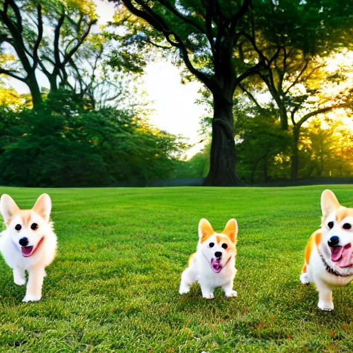 Image similar to 8k highly detailed photograph of the three most adorable Corgi Puppies playing in Central Park, golden hour,