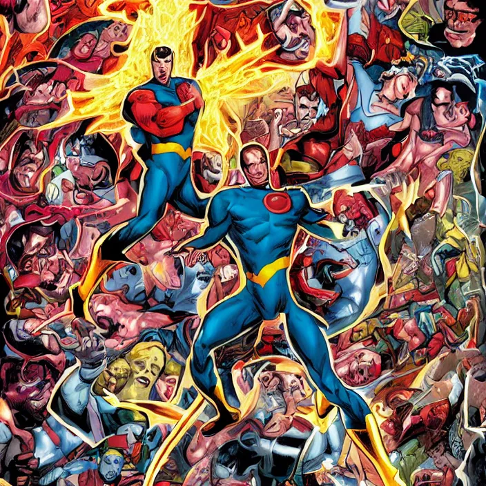 Image similar to comic book artwork of Universe Man being reborn in many different and unique ways