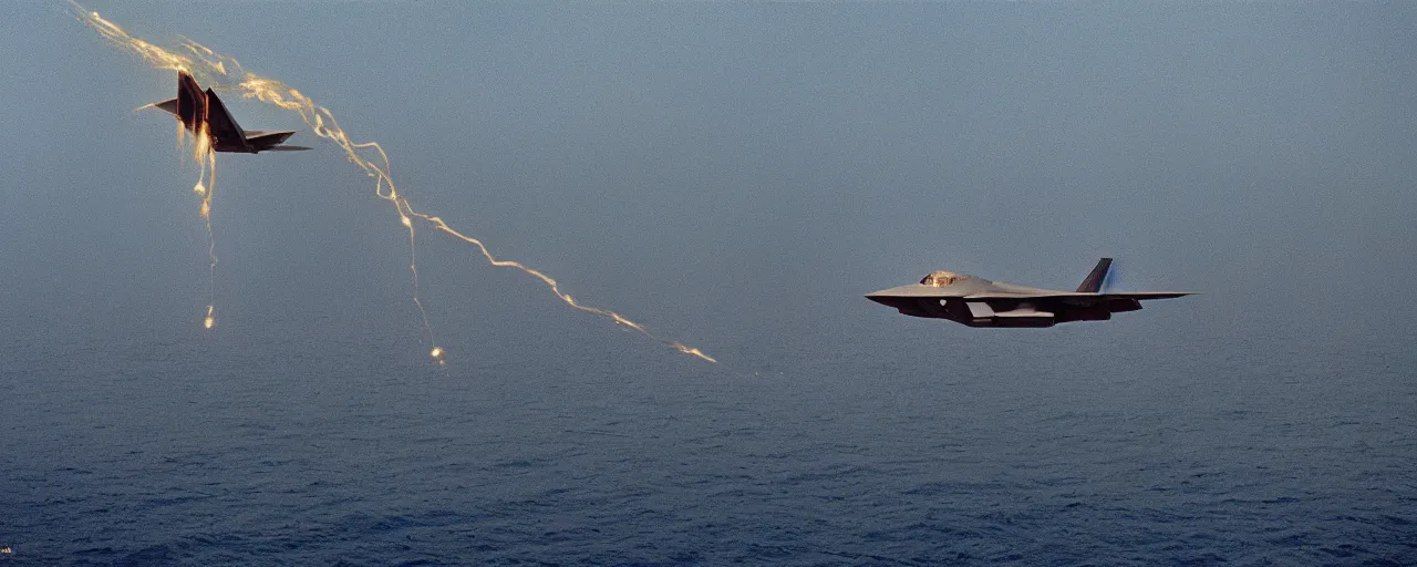 Prompt: an f - 2 2 plane firing spaghetti missiles, flying over the ocean, canon 5 0 mm, cinematic lighting, photography, retro, film, kodachrome