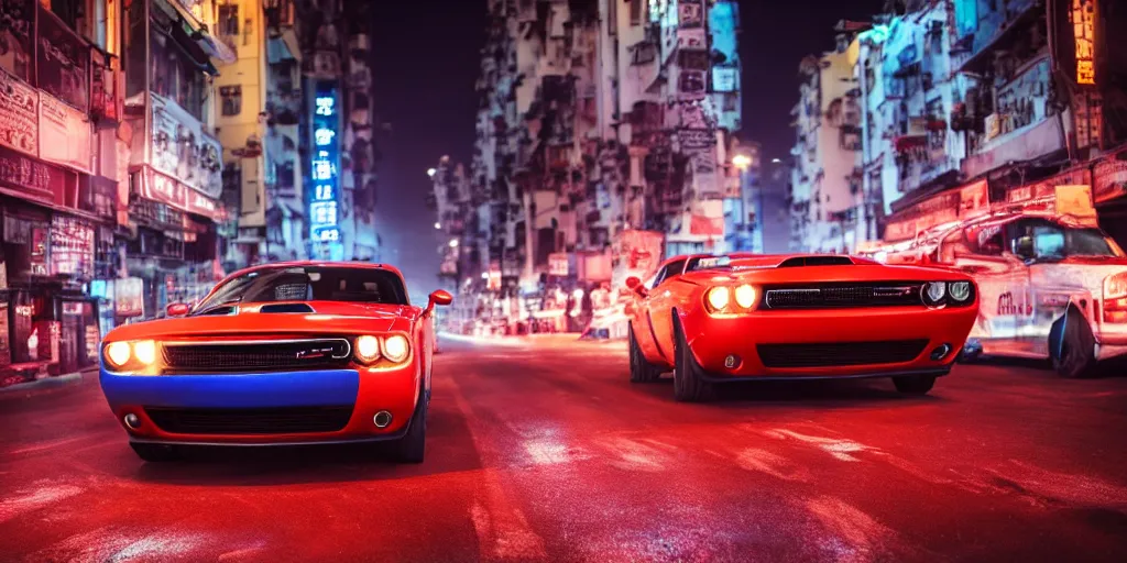 Image similar to dodge challenger with blood vinyil in the middle of a road on the night Hong Kong china town, blue color grading, cinematic color grading , unreal 5, hyperrealistic, realistic, photorealistic, dynamic lighting, highly detailed, cinematic landscape, studio landscape, studio lighting