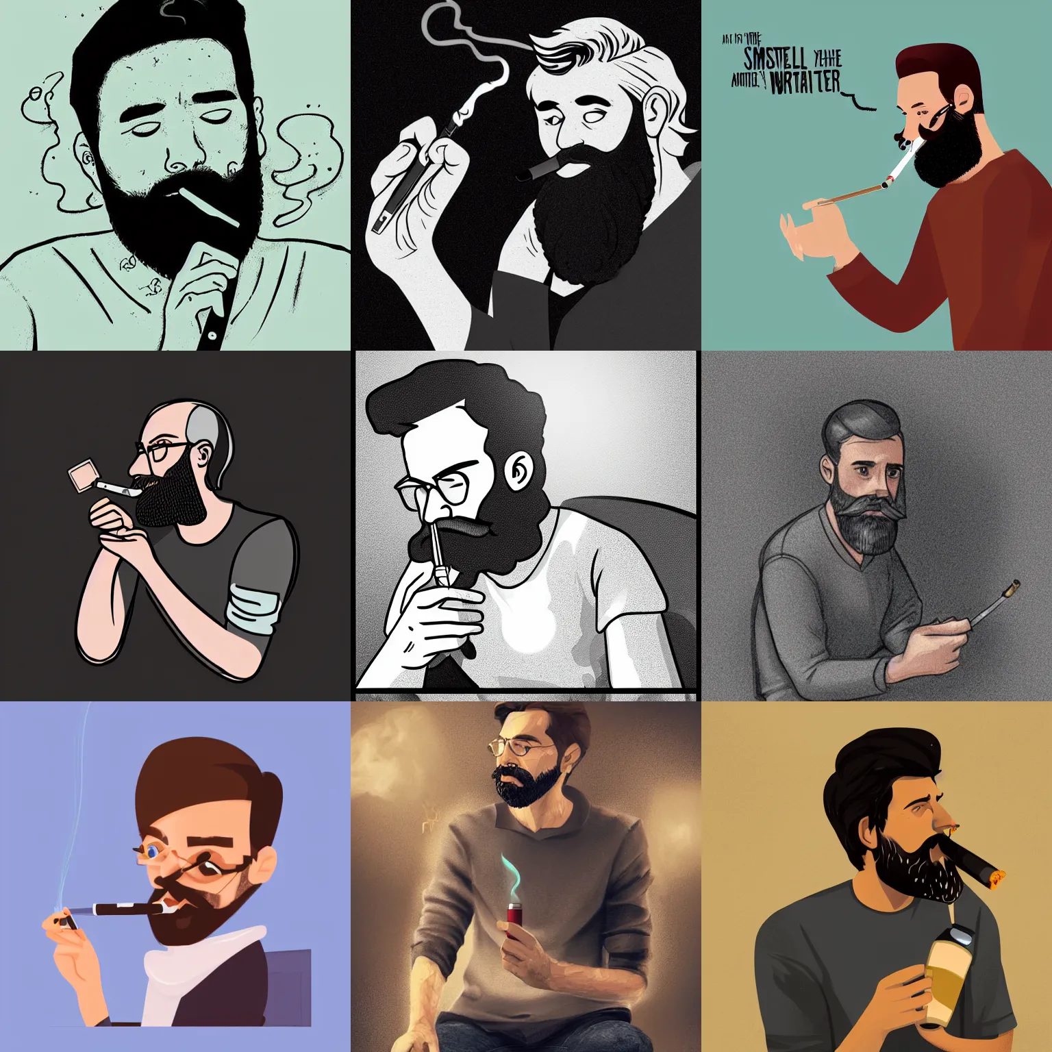 Prompt: digital art of a writer with a beard sitting, he is smoking a cigarette, he is holding a bottle in his other hand, artstation, highly detailed, realistic