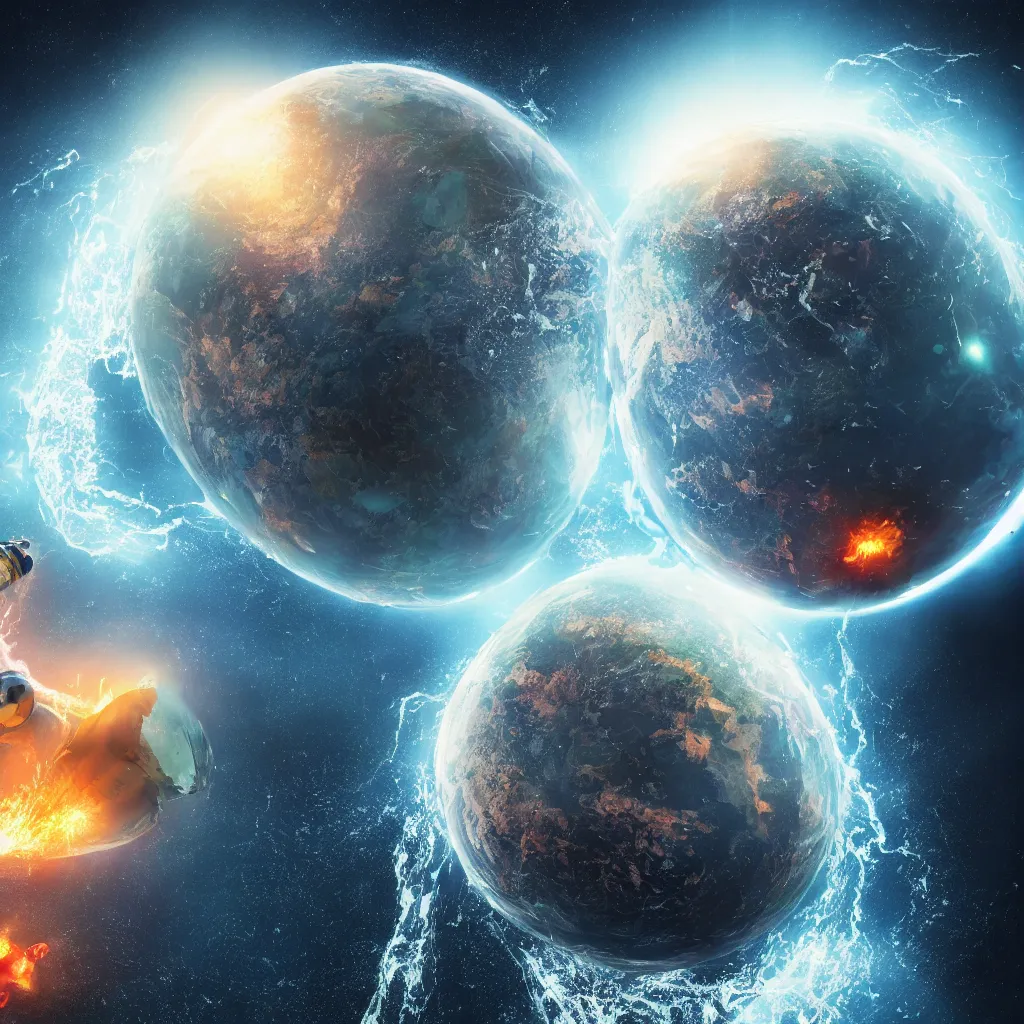 Prompt: two characters clashing & fighting over spherical shape of planet earth, with stars & space beyond, one side water & Waterspouts & one side fire & volcano, octane render, future