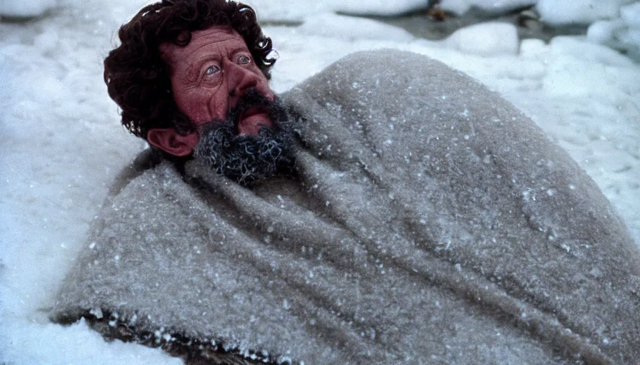 Prompt: 1 9 6 0 s movie still close up of marcus aurelius in toga frozen to death under the snow on a river's shore with gravel, pine forests, cinestill 8 0 0 t 3 5 mm, high quality, heavy grain, high detail, texture, dramatic light, anamorphic, hyperrealistic, detailed hair, foggy