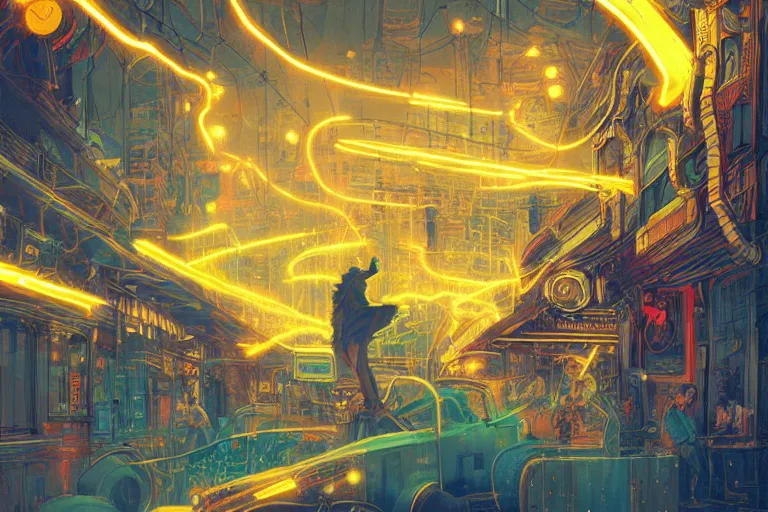 Prompt: magical sorcerer dances with bolts of electricity, digital art, intricate, dramatic lighting, neon colors, cinematic, art by jakub rebelka