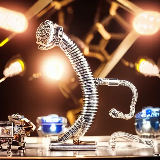 Prompt: robotic steampunk chrome cobra, with rhinestones eyes, blowing smoke from its nostrils and wrapping around a jewelry display stand, real life, photography, cinematic, jewelry commercial