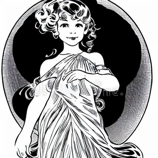 Prompt: clean simple line art of a little girl with wavy curly hair in an elegant dress. white background. well composed, clean black and white line drawing, beautiful detailed face. illustration by steve ditko and jack kirby and alphonse mucha