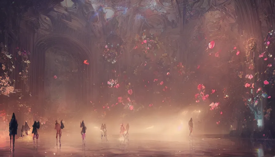 Image similar to victoria secret runway show, light, shadows, reflections, flowers, epic composition, intricate, elegant, volumetric lighting, digital painting, highly detailed, artstation, sharp focus, illustration, concept art, ruan jia, steve mccurry, artgerm and mina petrovic and timothy kong and marina federovna