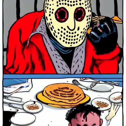 Prompt: Jason voorhees eating pancakes with Freddy Krueger