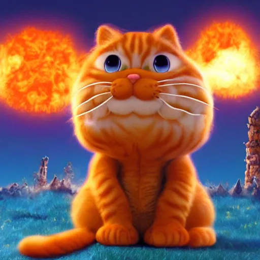 Image similar to garfield the cat at the end of time, hyper realistic, explosion in background, trending on artstation