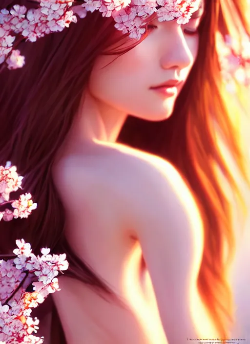 Image similar to photo of a gorgeous female in the style of stefan kostic, realistic, half body shot, sharp focus, 8 k high definition, insanely detailed, intricate, elegant, art by stanley lau and artgerm, extreme blur cherry blossoms background