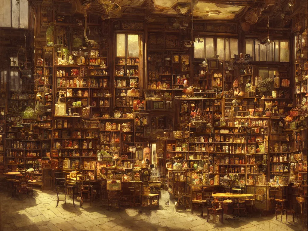 Image similar to a beautifully and highly detailed painting of a tea shop, by marc simonetti, david friedrich and franz sedlacek,