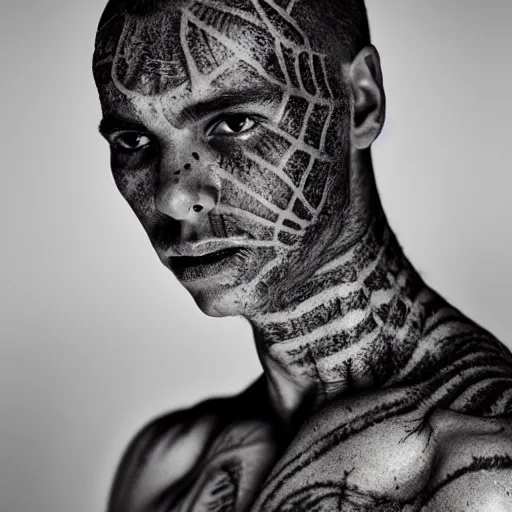 Prompt: a close up portrait of a beautiful athletic young male alien with his skin covered in spiderweb tattoos , photographed by erwin olaf, artistic