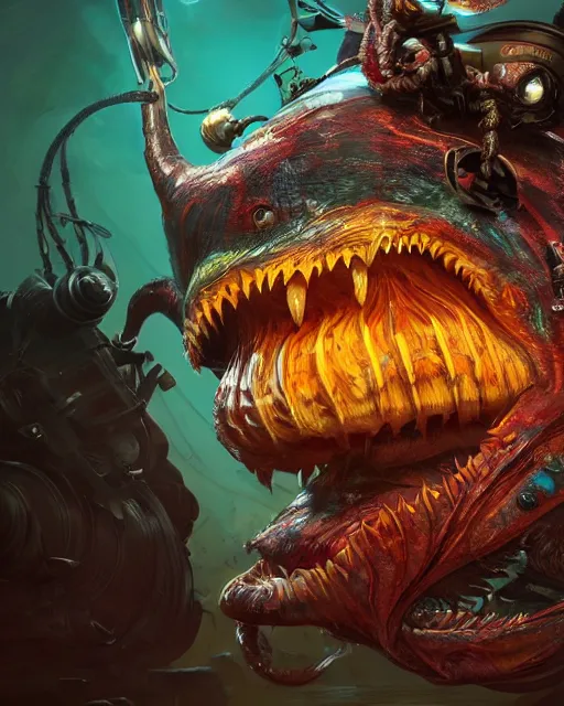 Image similar to portrait of humanoid angler fish, intense, an ultrafine hyperdetailed illustration by kim jung gi, irakli nadar, sharp focus, bright colors, destiny 2, fantasy, d & d, deep sea monster, unreal engine 5, global illumination, radiant light