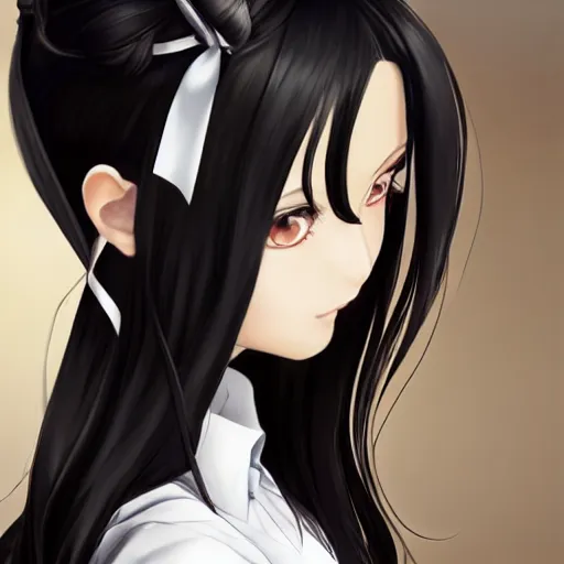 Image similar to luxury advertisement, astonishing portrait of a very beautiful anime high-school girl with black hair ponytail, white ribbon, full perfect face, realistic, highly detailed background, artstation, 120 degree view, drawn by Sasoura, Satchely and Akihiko Yoshida, no distortion