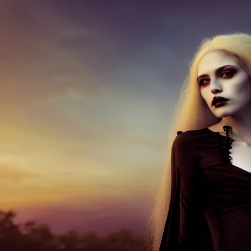 Image similar to photographic portrait of a stunningly beautiful gothic vampire female in soft dreamy light at sunset, contemporary fashion shoot, by edward robert hughes, annie leibovitz and steve mccurry, david lazar, jimmy nelsson, breathtaking, 8 k resolution, extremely detailed, beautiful, establishing shot, artistic, hyperrealistic, beautiful face, octane render