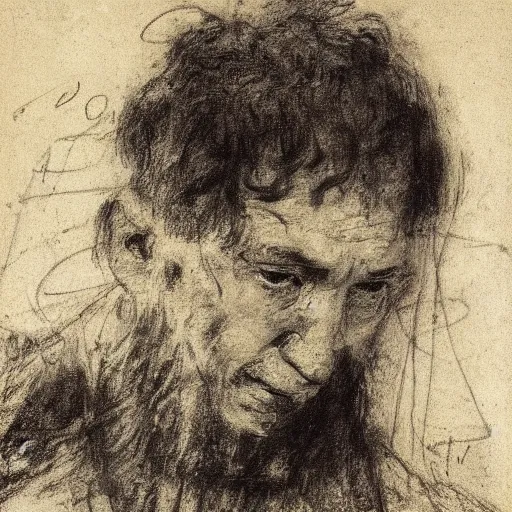 Prompt: Portrait of a man, by Ilya Repin, 19th-century, sketch, spontaneous and sketchy lines, slightly scribbly, masterful, black chalk, charcoal