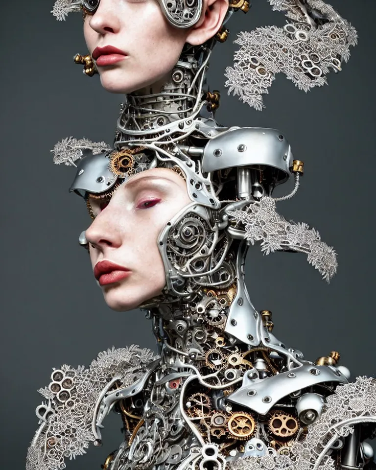 Prompt: highly detailed full body photo of a complex bio-mechanical beautiful young female cyborg with a steampunk metal fine lace face, retrofuturistic depressing hopeless horrific vibe, full shot, full body, pale skin, curled silver metallic hair and a fine metal floral foliage lace collar by Alexander McQueen:: high fashion, haute couture, rococo, steampunk, fine silver filigree details, anatomical, facial muscles, cable wires, microchip, elegant, hyper realistic, 150 mm lens, soft rim light, octane render, unreal engine, volumetric lighting, 8k, muted reflective metallic coloring, sharp focus