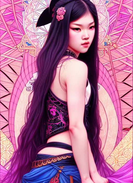 Image similar to jossi of blackpink, samurai, tarot card, highly detailed, digital painting, smooth, sharp focus, illustration, ultra realistic, 8 k, art by artgerm and alphonse mucha