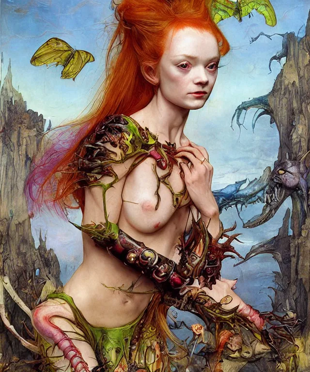 Prompt: a portrait photograph of a harpy succubus with slimy skin being transformed into a beautiful alien. she looks like sadie sink and is wearing a colorful infected sleek organic catsuit. by donato giancola, hans holbein, walton ford, gaston bussiere, peter mohrbacher and brian froud. 8 k, cgsociety, fashion editorial