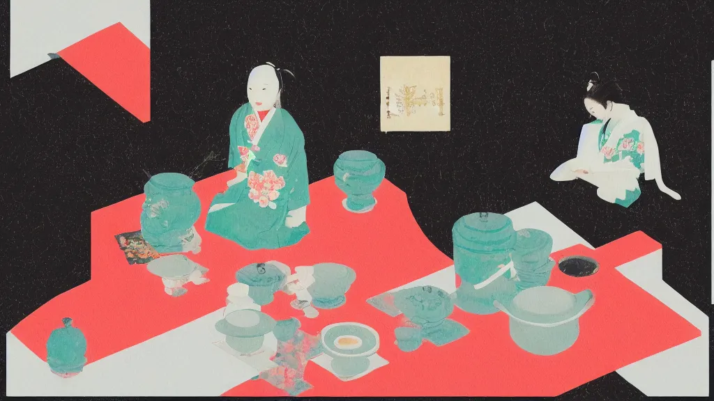 Image similar to a small tea ceremony, japan, a collage painting, in the style of wes anderson, lola dupre, david hockney, isolated on negative white space background dark monochrome neon spraypaint accents volumetric octane render