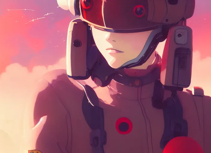 Image similar to portrait of pilot girl, smoky sky background, lush landscape, illustration concept art anime key visual trending pixiv fanbox by wlop and greg rutkowski and makoto shinkai and studio ghibli and kyoto animation, red body suit, military gear, evangelion unit 0 2, grimdark