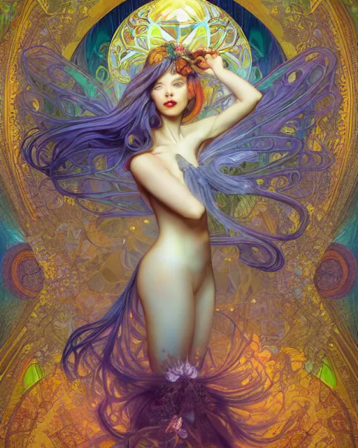 Image similar to a beautiful fairy in a morning dreamland, coherent design, symmetrical, vivid color, complementary color, golden ratio, detailed, sharp lines, intricate, rainbowshift, by james gurney, by brian froud, by peter mohrbacher, by alphonse mucha, by maxfield parrish, by karol bak, waterhouse, deviantart, octane render