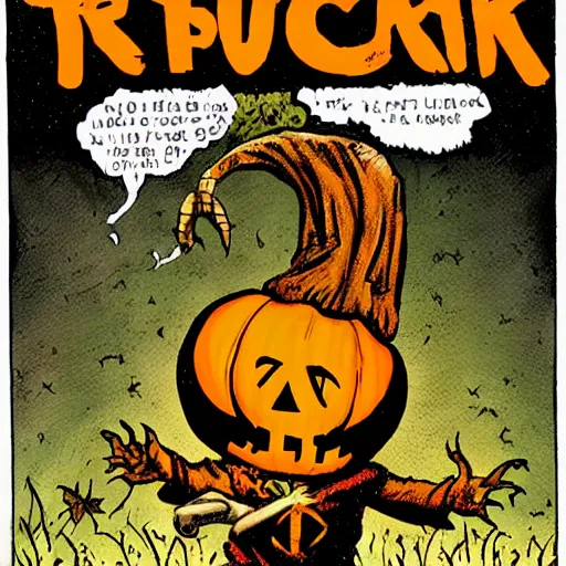 Image similar to Sam from Trick R Treat, stands in front of pumpkin filled lawn at Night, Halloween comic book, comic book art in the style of frank miller