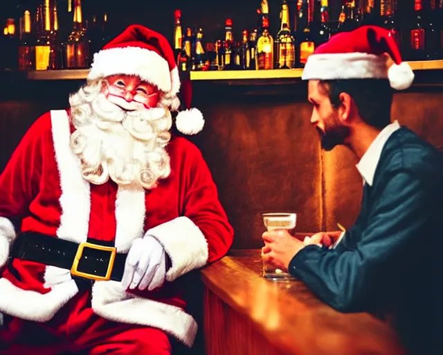 Prompt: santa claus chatting with socrates in a bar, professional photography, nighttime, noir photo, colors, golden lights, calm feeling